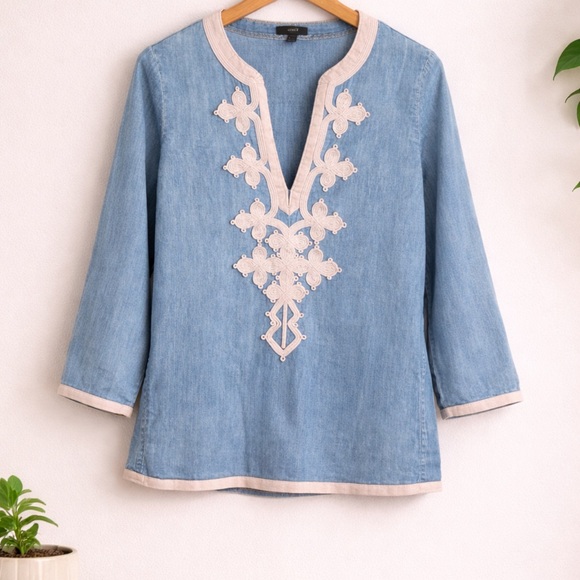 J. Crew Soutache Embroidered Chambray Tunic Blouse - Picture 2 of 3